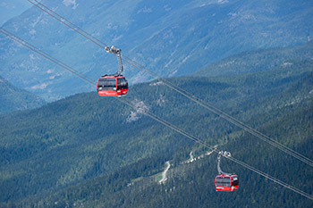 2 peak to peak gondolas high in the sky with mountians and trees all around